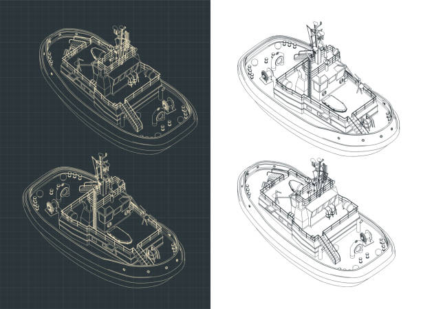 teupboot-isometrische zeichnungen - tugboat towing nautical vessel industrial ship stock-grafiken, -clipart, -cartoons und -symbole