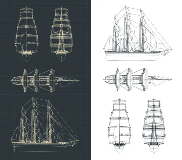 Vector illustration of Large sailing ship drawings