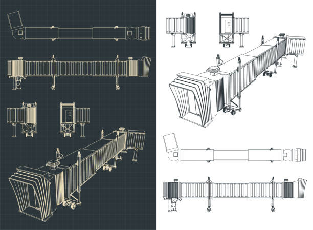Airport telescopic gangway drawings Stylized vector illustration of an airport telescopic gangway drawings passenger boarding bridge stock illustrations