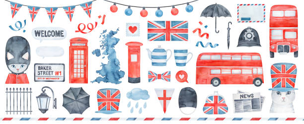 Big collection of various symbols of England: red bus, telephone booth, umbrella, tea cup, bearskin, soldier, newspaper, pillar post box, welcome sign, national flag. Hand painted watercolour drawing. Hand drawn watercolor illustration. english culture illustrations stock illustrations