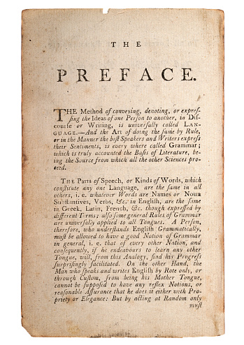 Page from old antique book, The Preface, Kinds of Words.  18th Century