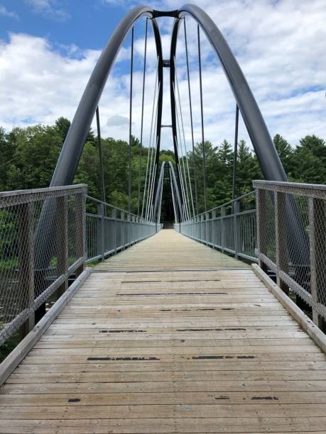 istock Suspension bridge over the river in perspective in front with a small sloping step 1257280856