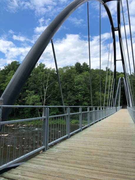 istock Suspension bridge over the river in perspective on the right side 1257280927