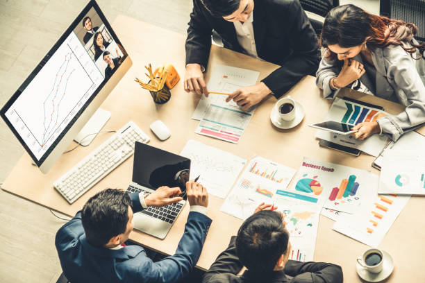 istock Video call group business people meeting on virtual workplace or remote office 1257282046
