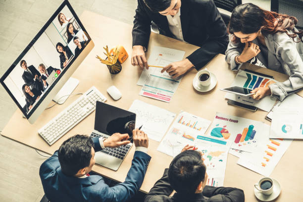 istock Video call group business people meeting on virtual workplace or remote office 1257282316