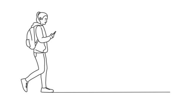 ilustrações de stock, clip art, desenhos animados e ícones de walking girl using phone. - young men illustrations