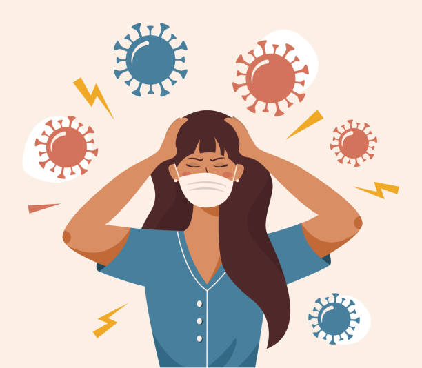 Female stressed with mouth open covid irritation Flat vector illustration of a woman that clutches at head with both hands. Covid 19 causes headache, panic, fright, depression. Stress, irritation from coronavirus, badmood anxiety stock illustrations