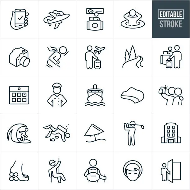 Vector illustration of Travel and Vacation Thin Line Icons - Editable Stroke