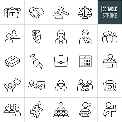 A set of law icons that include editable strokes or outlines using the EPS vector file. The icons include a courthouse, court of law, handshake, gavel, scales of justice, attorney questioning a person on trial, trial, neck tie, female lawyer, male lawyer, three attorneys standing next to each other, a bible, criminal with crow bar, briefcase, calendar, judge, lawyer displaying evidence, criminal, two lawyers shaking hands, siren, attorney addressing jury, lawyer walking with briefcase, and a person taking an oath.