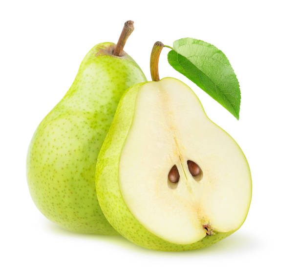 istock One green pear and a half with leaf isolated on white background 1257284275