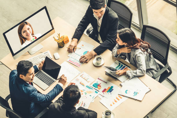 istock Video call group business people meeting on virtual workplace or remote office 1257284394