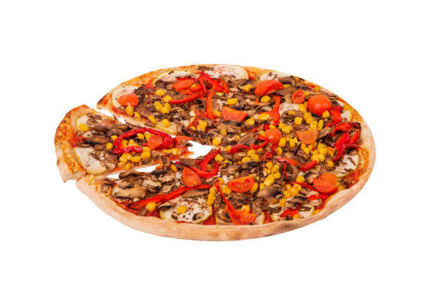 istock Pizza with a slice removed, isolate on white background, angle view. Italian pizza with mushrooms, corn, cherry tomatos, courgettes and bell peppers or Veggie Vegetarian pizza 1257287504