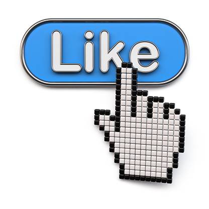 Finger cursor on like button 3D render illustration isolated on white background