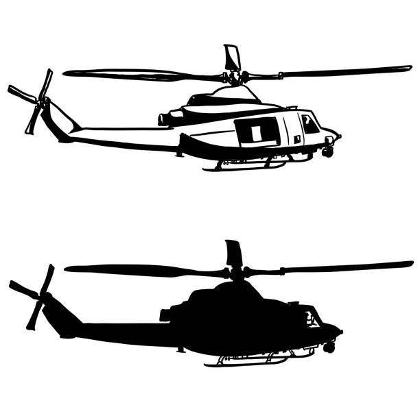 Work Helicopter Silhouette A helicopter in flight as seen from the side helicopter illustrations stock illustrations