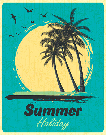 Sunset Sunrise with Beach Palm Trees of Ocean Island. Retro Summer Poster in Old Design Style.