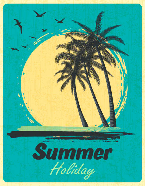 Summer Tropical Sunset With Palm Trees. Retro Grunge Background. Sunset Sunrise with Beach Palm Trees of Ocean Island. Retro Summer Poster in Old Design Style. beach vector coconut palm tree stock illustrations