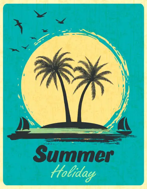 Vector illustration of Summer Tropical Sunset With Palm Trees. Retro Grunge Background.