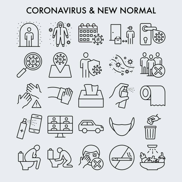 coronavirus nowy normalny zestaw ikon linii - location shot stock illustrations