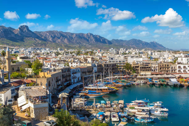 Harbour in Kyrenia (Girne), North Cyprus Panoramic aerial view of historic harbour in Kyrenia (Girne), North Cyprus in a beautiful summer day kyrenia photos stock pictures, royalty-free photos & images