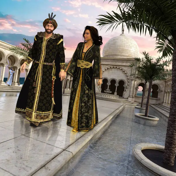 Schehereyar and Scheherezade, the king and his bride from the stories of Arabian Nights, One thousand nights and a night, strolling through the garden of the palace, 3d render.