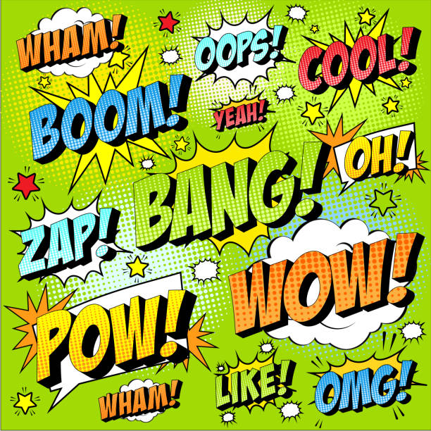 ilustraciones, imágenes clip art, dibujos animados e iconos de stock de colorido conjunto de icono cómico en estilo pop art. wham, wow, oops, cool, sí, boom, bang, zap, oh, pow, wow, omg, like. - exclamation point speech speech bubble green