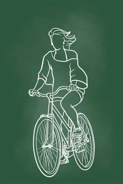 Vector illustration of Young Woman Cycling Chalkboard