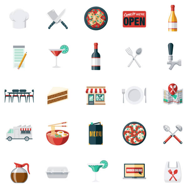 ilustrações de stock, clip art, desenhos animados e ícones de restaurant icon set - chef appetizer soup food