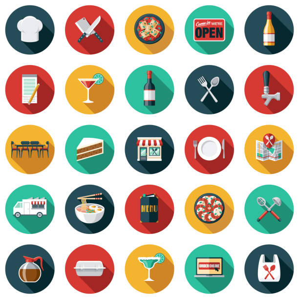 Restaurant Icon Set A set of restaurant and dining icons. File is built in the CMYK color space for optimal printing. Color swatches are global so it’s easy to edit and change the colors. serving food and drinks stock illustrations