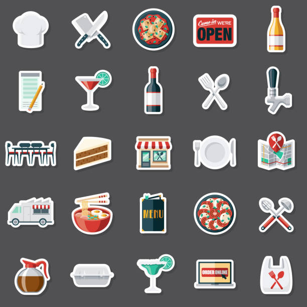 ilustrações de stock, clip art, desenhos animados e ícones de restaurant sticker set - chef appetizer soup food