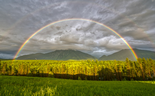 Vibrant rainbow in the beautiful natural scenery of Glacier National Park's Lake McDonald area in Montana, USA.