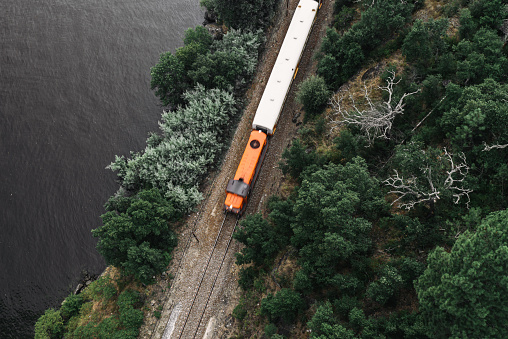 The aerial view of the moving locomotive. Railroad and trees. The way is passing along with the Douro river.