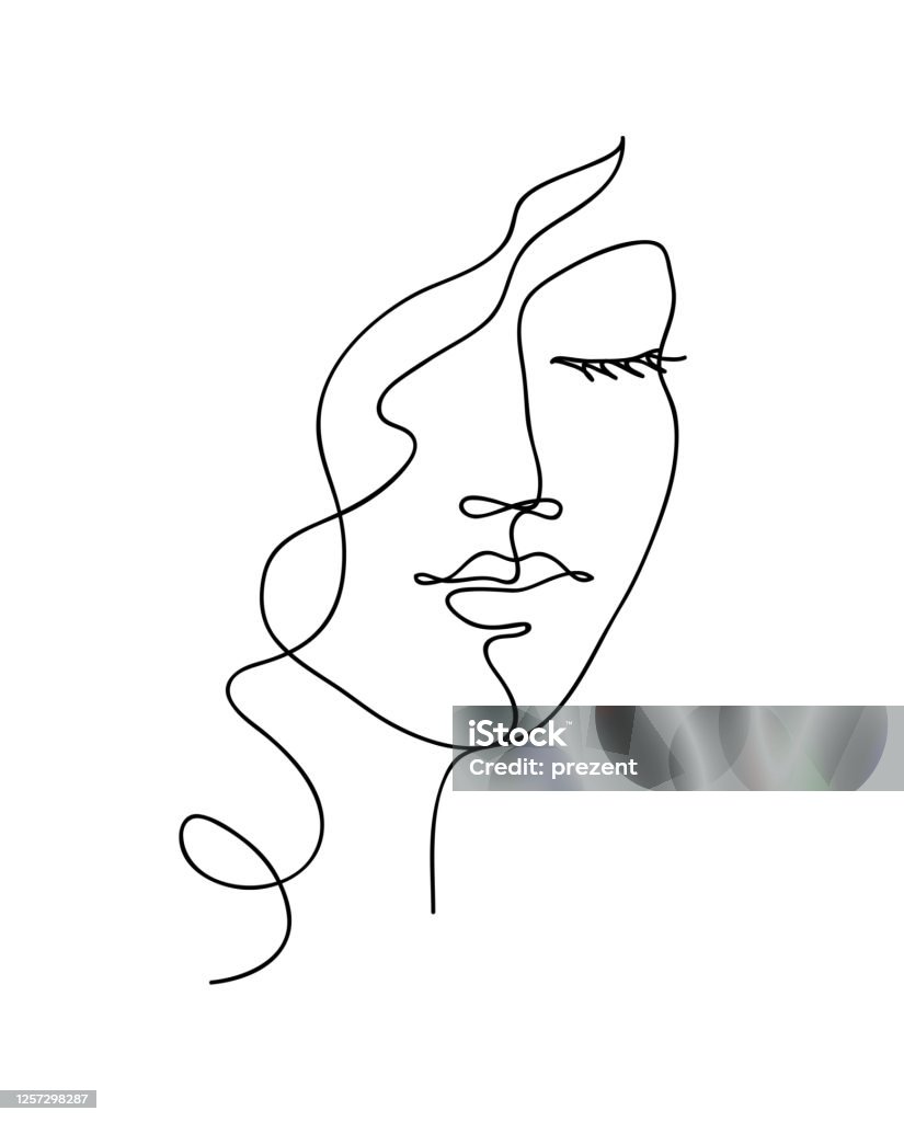 Visage abstrait de femme avec les cheveux ondulés. Art de ligne dessiné à la main noir et blanc. Illustration vectorielle de contour - clipart vectoriel de Femmes libre de droits