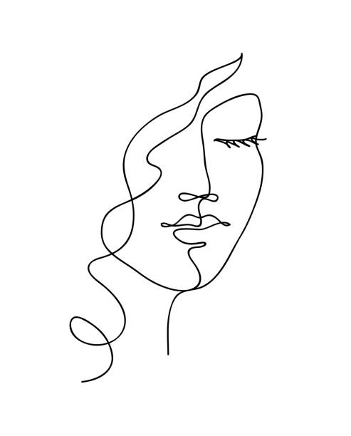 ilustrações de stock, clip art, desenhos animados e ícones de abstract woman face with wavy hair. black and white hand drawn line art. outline vector illustration - contorno ilustrações