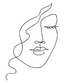 istock Abstract woman face with wavy hair. Black and white hand drawn line art. Outline vector illustration 1257298321