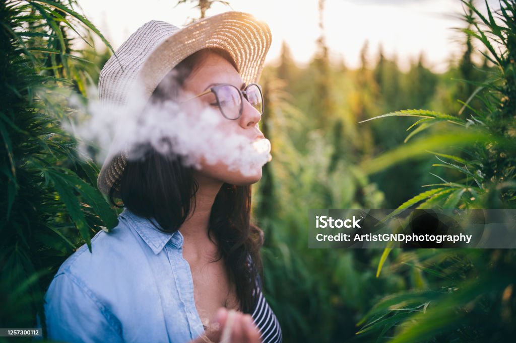 Woman Enjoying Outdoor. Beautiful woman feeling good in marijuana plantation, she smoking joint. Smoking - Activity Stock Photo