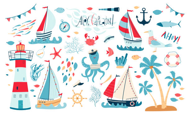 Cute sea collection with sailboat, lighthouse, fish, octopus, Seagull, crab isolated on white background. A set of illustrations for the design of children's rooms and textiles. Vector Cute sea collection with sailboat, lighthouse, fish, octopus, Seagull, crab isolated on white background. A set of illustrations for the design of children's rooms and textiles. Vector illustration boat captain illustrations stock illustrations