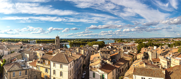 Aerial panoramic view of Arles, France in a beautiful summer day