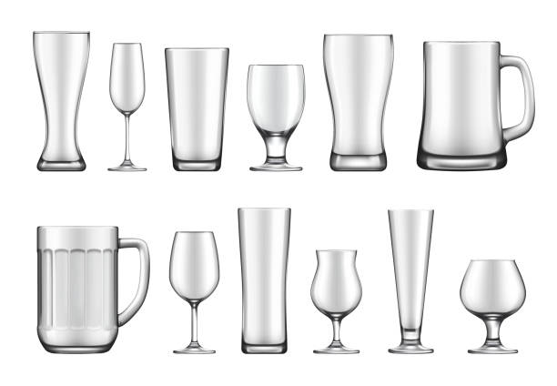 ilustraciones, imágenes clip art, dibujos animados e iconos de stock de copas de vidrio, tazas y frascos conjunto vectorial - beer beer glass isolated glass