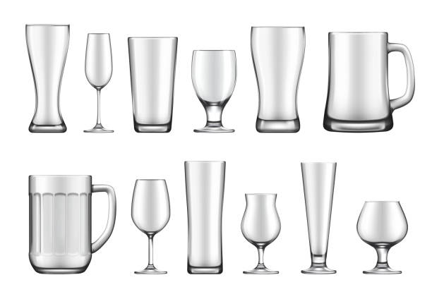 유리 잔, 머그잔 및 항아리 벡터 세트 - glass empty pint glass isolated stock illustrations