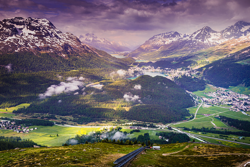 Alpine landscape above St Moritz at dramatic sunset – Muottas Muragl – Switzerland