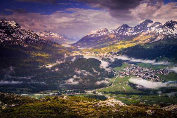 Alpine landscape above St Moritz at dramatic sunset – Muottas Muragl – Switzerland