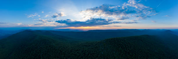 Duncan Knob Sunset - Massanutten Range, VA - Aerial An aerial panorama of the sunset as seen from above Duncan Knob, part of the Massanutten Range, in the George Washington National Forest, in Page County Virginia. george washington national forest stock pictures, royalty-free photos & images