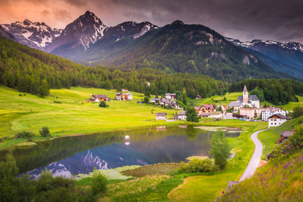 Idyllic landscape – wildflowers and lake reflection in Tarasp village, Engadine – Switzerland Idyllic Alpine landscape – wildflowers meadow in Tarasp village, Engadine – Switzerland single lane road footpath dirt road panoramic stock pictures, royalty-free photos & images
