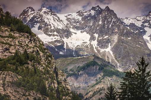 Snowcapped Dent du Géant, Mont Blanc Massif and glaciers – Italian alps side