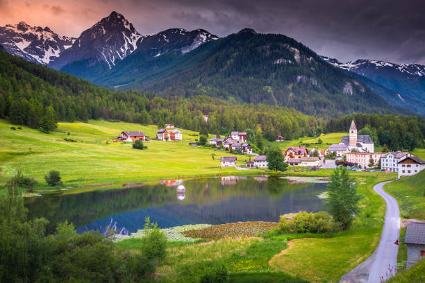 идиллический пейзаж - поле�вые цветы и отражение озера в деревне тарасп, энгадин - швейцария - mountain switzerland scuol mountain peak стоковые фото и изображения
