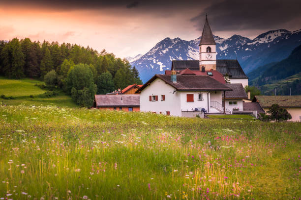 идиллический альпийский пейзаж - полевые цветы и церковь в деревне тарасп, энгадин - швейцария - mountain switzerland scuol mountain peak стоковые фото и изображения