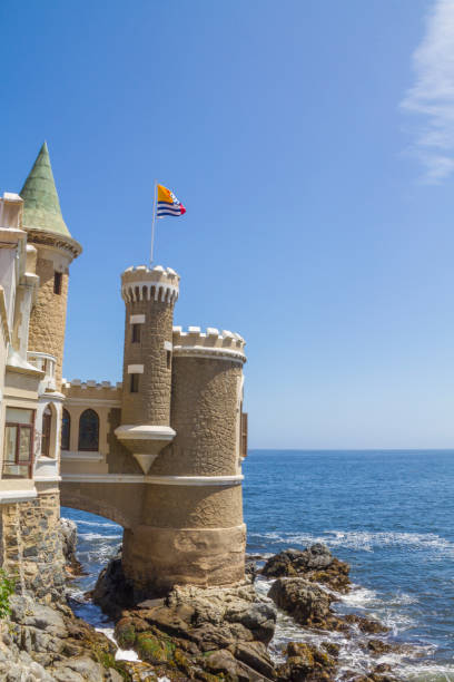 Wulff Castle landscape view in Viña Vina del Mar, Chile Panoramic landscape view of historic Wulff Castle landscape overlooking the sea in Viña Vina del Mar, Chile at midday, on back Pacific Ocean on a sunny summer day with a blue deep skyline.

Castle Wulff, was built in 1906 for the family of German saltpeter and coal trader Gustavo Adolfo Wulff Mowle migrated to Chile in 1881. vina del mar chile stock pictures, royalty-free photos & images