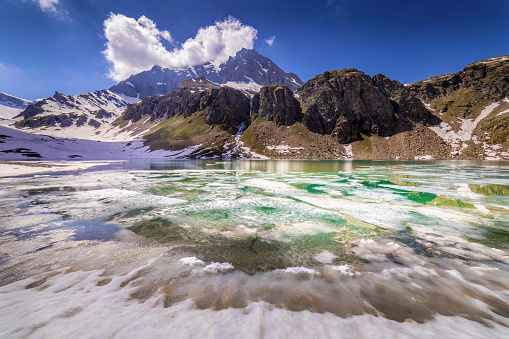 Melting frozen Lake Agnel between Alpine landscape – Gran Paradiso, Italy