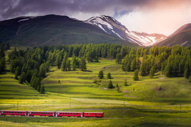 train traversant engadine au-dessus de muottas muragl – suisse - oberengadin photos et images de collection