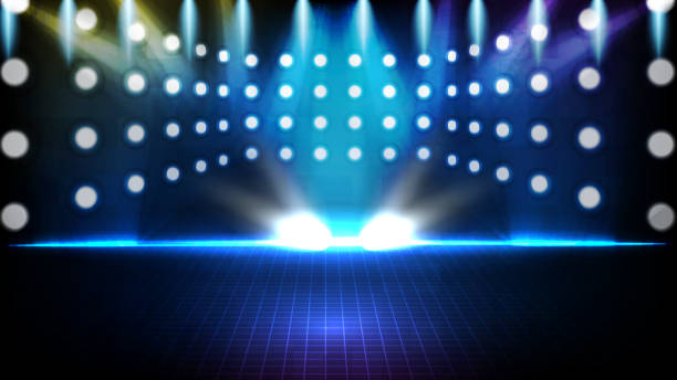 istock abstract futuristic background of blue empty stage Stairs covered with red carpet and lighting spotlgiht stage background 1257318921